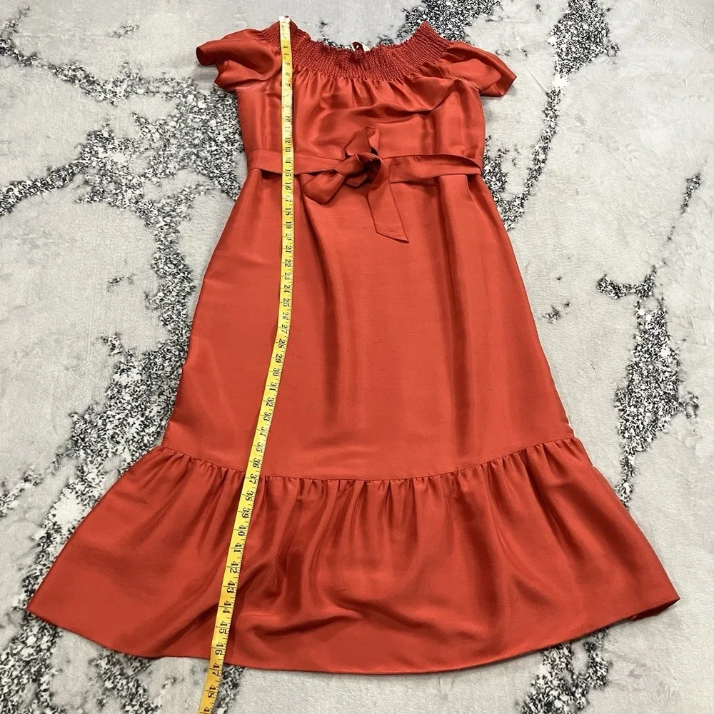 Tory Burch Silk Off Shoulder Midi‎ Dress Smocked Neck Belted Womens Size XL